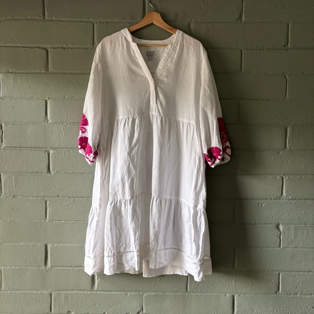 Chico’s White Linen Midi Dress Embroidered Boho Vacation Style Size 12/14